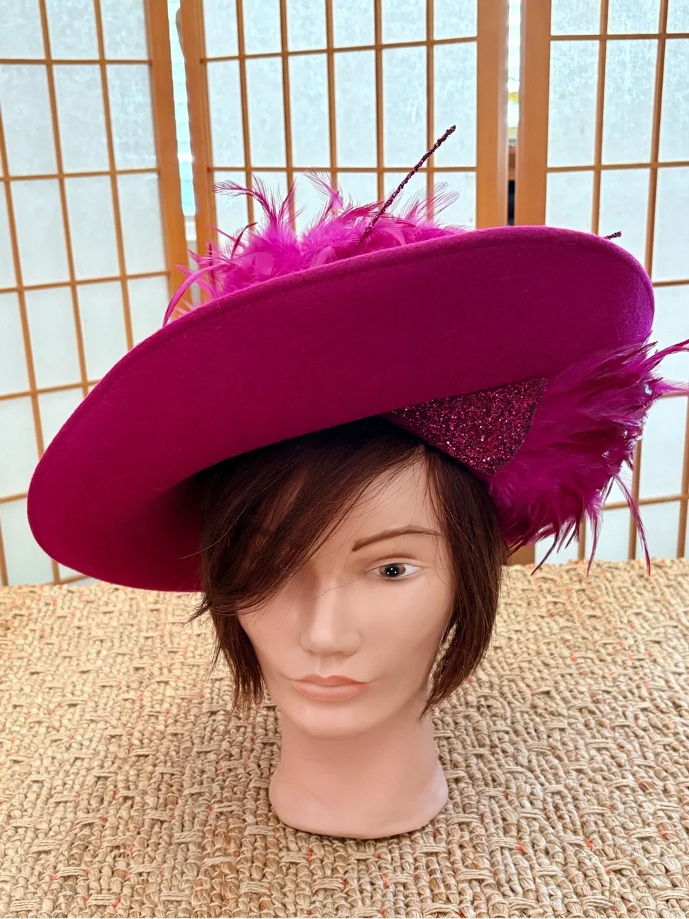 Vintage Deborah Fashions Fuchsia Feathered Felt Tilt Hat with Decorative Trim
